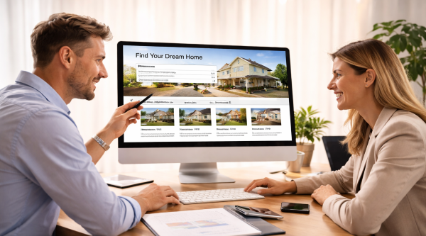 Real estate agents reviewing an IDX property search website on a desktop computer