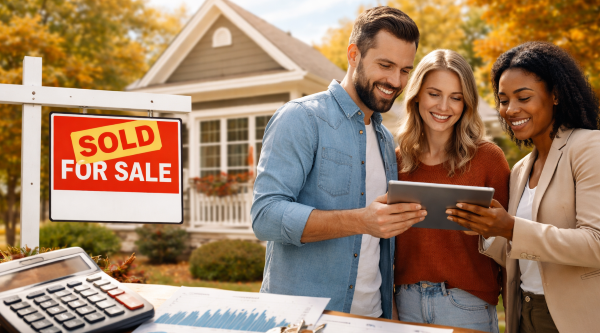 real estate market 2026 buyers and seller reviewing home sale with sold sign and financial data