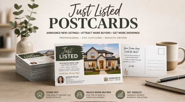 just listed real estate postcards on a warm wood desk with neutral tones and modern marketing layout