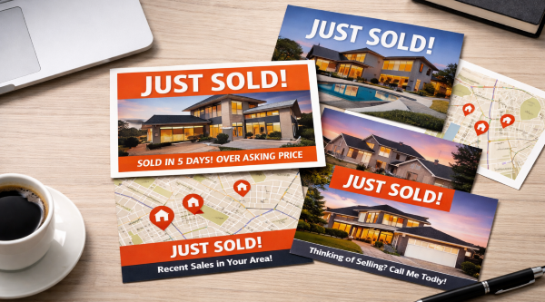 Just Sold real estate postcards spread across a desk showcasing neighborhood sales and postcard marketing strategy