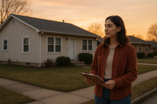 A home buyer pauses outside a house at sunset, reviewing her notes and quietly reconsidering what she truly wants before making a decision.