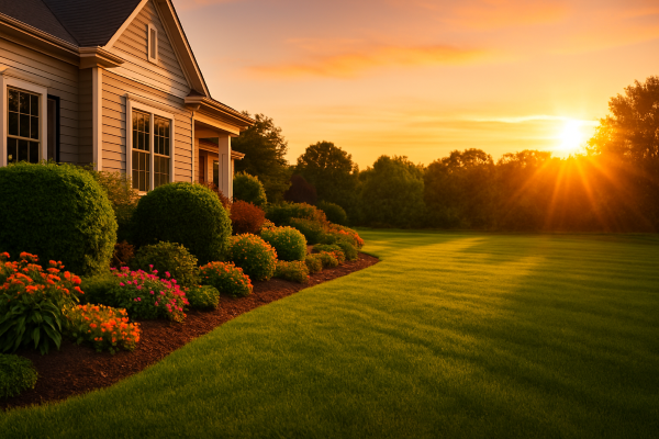 Freshly landscaped front yard at golden hour featuring lush green lawn, colorful flower beds, and sculpted hedges beside a modern home, with warm amber sunlight and orange-pink sky — ideal hero image for real estate postcard or curb appeal marketing design. Freshly landscaped front yard at golden hour featuring lush green lawn, colorful flower beds, and sculpted hedges beside a modern home, with warm amber sunlight and orange-pink sky — ideal hero image for real estate postcard or curb appeal marketing design.