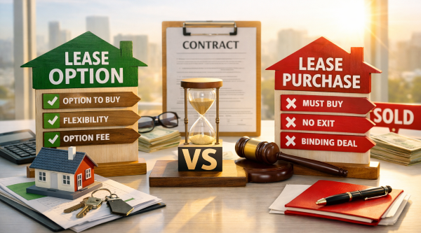 Morning‑lit desk comparing lease option and lease purchase agreements with directional signs, hourglass, and city skyline in background.