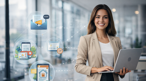 Professional real estate agent using a laptop in a modern office with subtle marketing ecosystem elements in the background