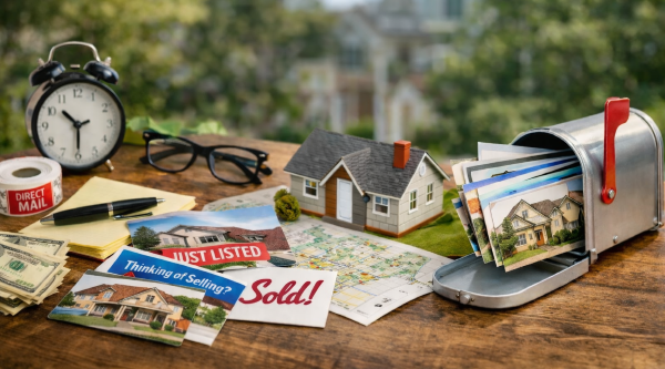 low cost real estate postcard marketing setup with just listed and sold postcards, mailbox, and neighborhood homes