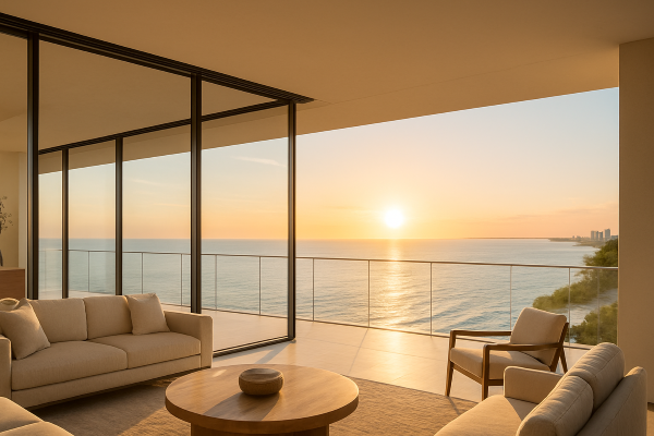Luxurious modern penthouse with floor-to-ceiling glass and oceanfront views at golden hour, captured in bright, high-end real estate photography.