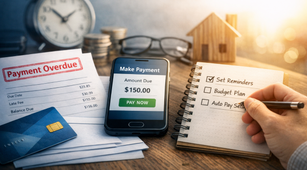 Desk scene showing a credit card statement marked Payment Overdue, a smartphone with Make Payment screen, and a hand checking off Set Reminders on a notepad — symbolizing calm financial recovery.