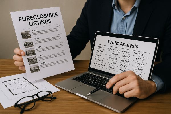 Real estate investor reviewing foreclosure property listings and profit analysis spreadsheet to monetize foreclosure opportunities. monetize your foreclosure knowledge