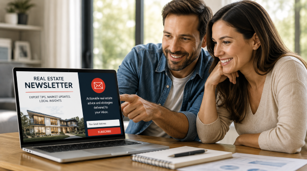 Couple reading a real estate newsletter on a laptop featuring market updates, local insights, and a subscription form.