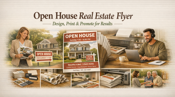 open house real estate flyer design scene with agent, printed flyers, laptop, printer, and promotional materials
