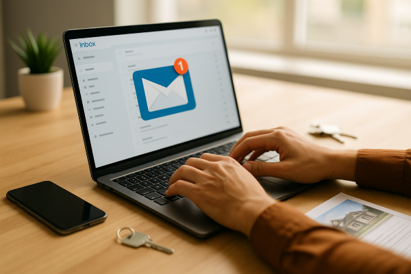 Real estate professional typing on a laptop with an email notification onscreen, keys and property flyer on desk.
