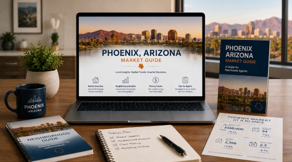 Phoenix Arizona market guide for real estate agents featuring local housing market reports, neighborhood guides, pricing trends, and real estate marketing resources in a modern office workspace