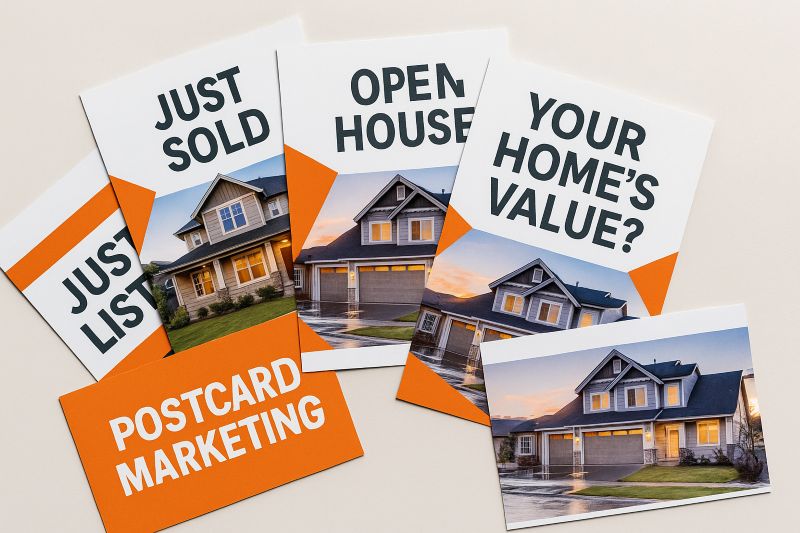 Horizontal flat lay of real estate postcards with bold headlines and orange branding, illustrating effective postcard marketing design. post-card-marketing