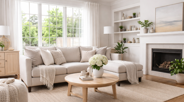 Bright, professionally staged living room with neutral decor and natural light while preparing your home for sale