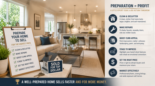 How to Prepare Your Home to Sell for the Highest Price Real Estate Marketing Image Bright staged home interior with a home-selling preparation checklist, modern kitchen, and sold sign illustrating how to prepare your home to sell for the highest price.