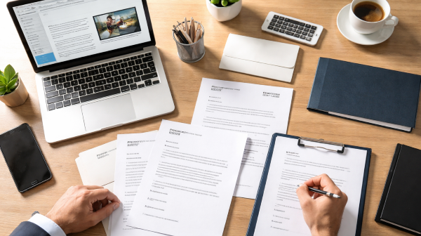 Real Estate Agent Cover Letter and Prospecting Workspace Real estate agent reviewing prospecting letters and paperwork at a desk with a laptop and envelopes