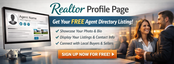 Realtor Profile Page – Get Your FREE Agent Directory Listing on Real Estate Marketing Talk Realtor Profile Page banner showing computer monitor with agent profile and call-to-action for free directory listing.