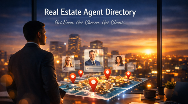 “Professional real estate agent in a modern office at sunset viewing a holographic city map with glowing location pins and agent profile cards, symbolizing visibility and client connections.”