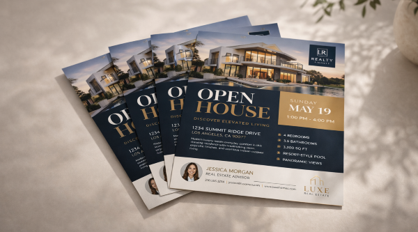 Fanned arrangement of luxury open house flyers displayed on a neutral surface with soft natural lighting and elegant shadows