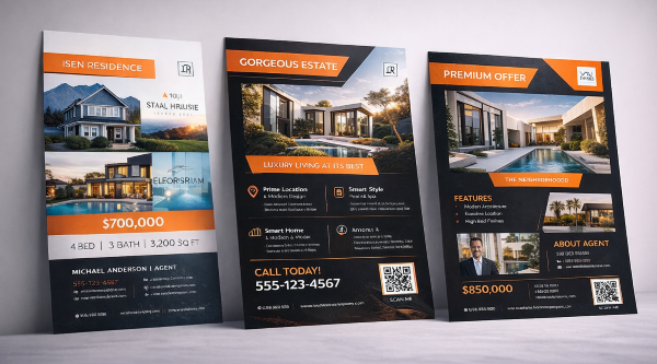 Three modern real estate flyers displayed side by side, with the third flyer featuring a darker high-contrast design for visual emphasis