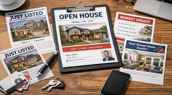 Real estate marketing workspace showing open house, just listed, and market update flyers arranged on a desk beside laptop, phone, keys, and coffee cup.