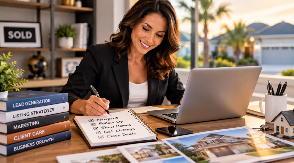 Real estate agent using a step-by-step execution playbook to plan lead generation, prospecting, follow-ups, listing strategies, and business growth.