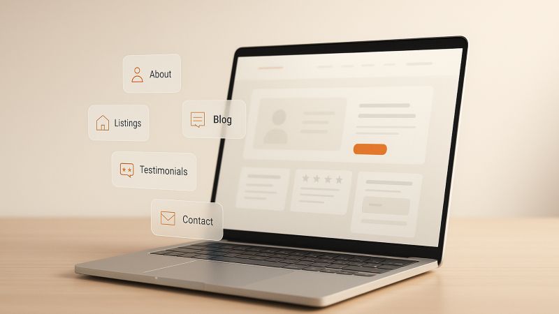 Real estate agent website content concept on a laptop screen with highlighted sections: About, Listings, Blog, Testimonials, and Contact pages for lead generation. Reaql Estate Agent Website Content 01