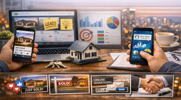 real estate and marketing strategy scene with laptop, smartphone, model house, analytics dashboard, and lead generation tools