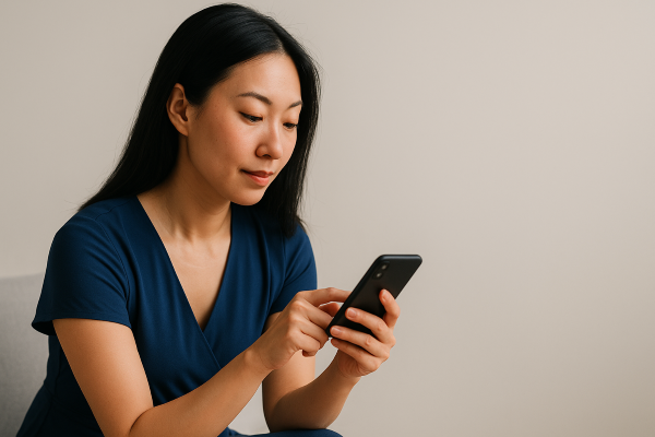 An East Asian woman in a blue dress pauses to read her phone, discovering how real estate articles for buyers and sellers can simplify every step of the journey. real estate articles for buyers and sellers