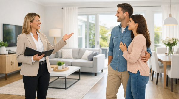 Real estate agent showing a young couple a modern bright living room — visual concept for Real Estate Autoresponder Examples for Buyers.