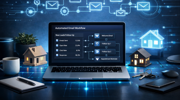 Real Estate Autoresponder Tips – Modern Automation Workspace Hero Image A sleek, technology‑driven workspace showing a laptop with an automated email workflow dashboard, surrounded by subtle real‑estate cues like miniature house models and keys. Blue holographic email icons and automation lines glow in the background, illustrating modern real estate autoresponder tips and automated follow‑up systems.
