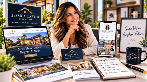 Real Estate Branding Examples That Actually Work Real estate agent showcasing consistent branding across her website, social media, business cards, signage, and marketing materials.