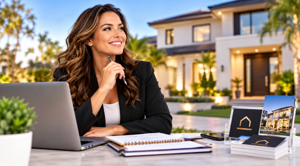 Real Estate Branding Tips for New Agents New real estate agent developing her personal brand with marketing materials in front of a modern home.