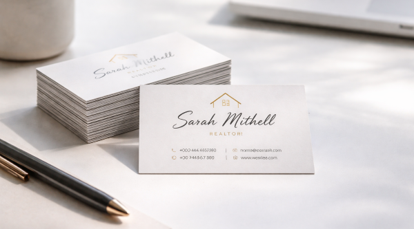 real estate business card ideas that generate leads on a clean desk with modern design