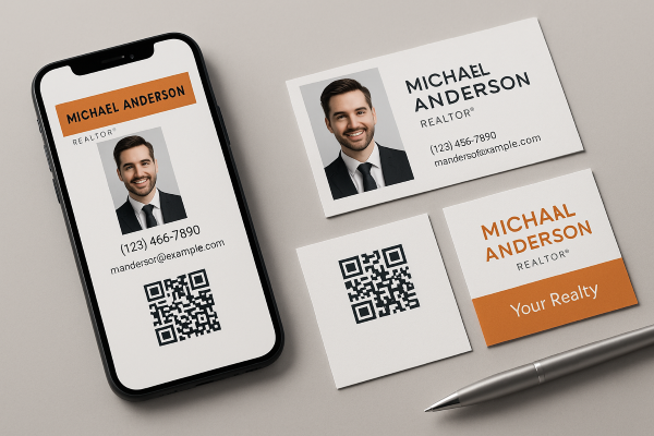 smartphone displaying a digital real estate business card next to printed cards with QR codes and modern branding