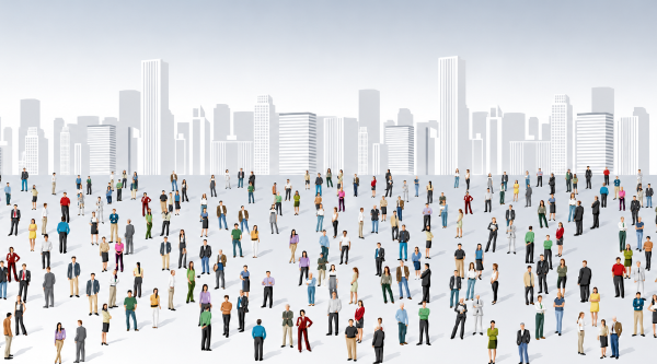 Real Estate Networking and Lead Generation Crowd Illustration Large crowd of potential real estate leads and prospects gathered in a modern city setting, representing real estate marketing, sphere of influence growth, networking, and client acquisition.