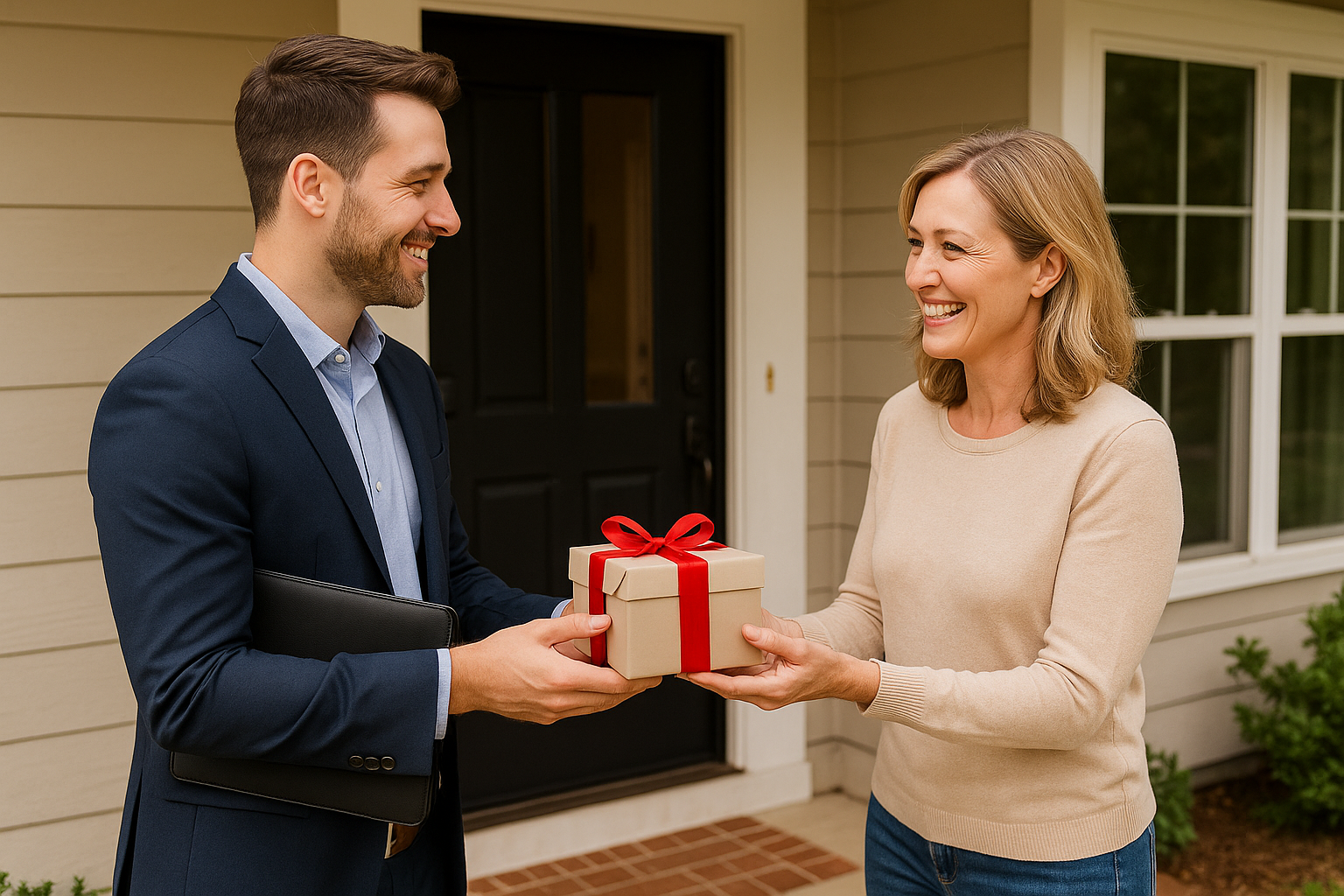 Real Estate Agent Delivering Gift