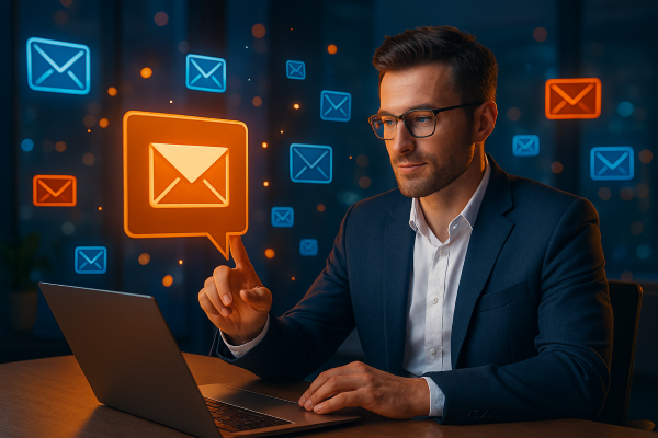 Real estate professional using email marketing tools on a laptop with glowing email icons floating in a modern office setting.