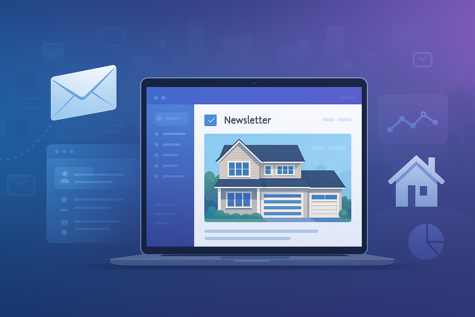 Laptop displaying real estate email newsletter with house image, surrounded by icons of email, home, and analytics. real estate email maketing software