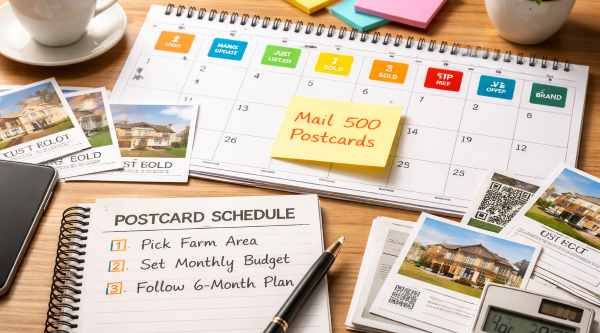 Calendar, postcards, and checklist on a desk showing a real estate farming postcard schedule plan