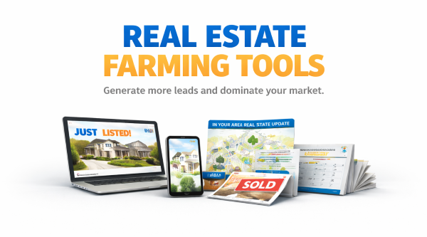 real estate farming tools including postcards, maps, and digital marketing materials for lead generation
