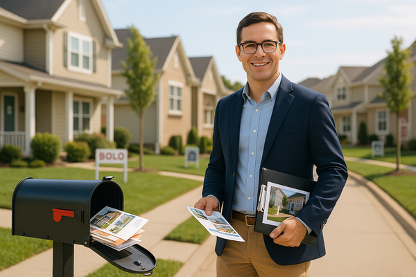 Agent holding flyers and a clipboard, using real estate farming tools to drive local lead generation campaigns. real estate farming tools 600x400