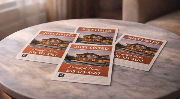 Real estate flyers displayed on a marble table in a luxury setting with soft natural light and warm tones