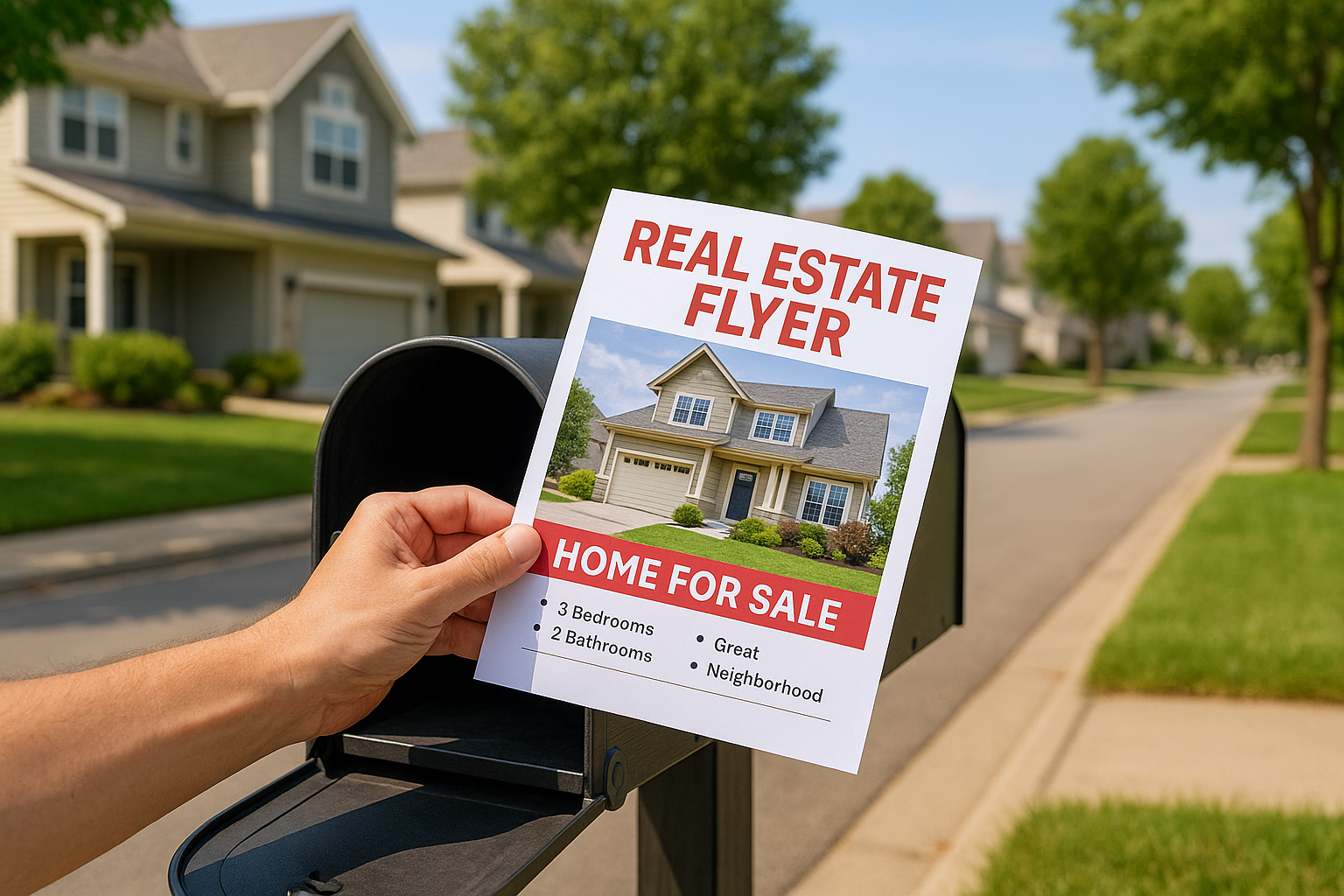 Hand placing a real estate flyer into a suburban mailbox on a sunny residential street Real Estate Flyers 2