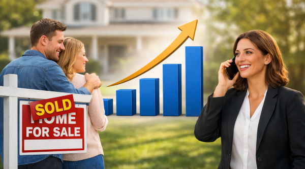 real estate agent on phone with happy couple near sold sign and rising bar graph illustrating success with real estate follow‑up email sequence ideas