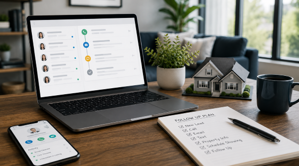 Real Estate Follow Up System and Lead Tracking Workspace for Agents and Marketing Professionals Real estate follow up workspace with CRM dashboard, lead tracking tools, smartphone alerts, and follow-up checklist on a modern office desk
