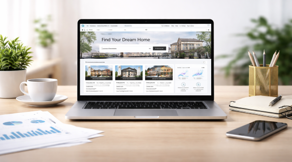 Real estate website displayed on laptop with property listings and analytics on a clean modern workspace
