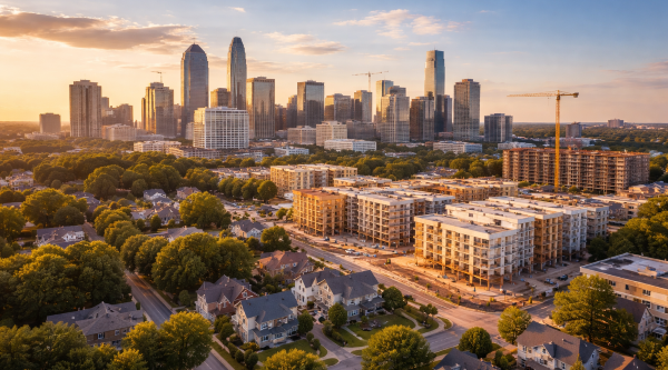 city skyline with residential neighborhoods and new multifamily development at sunset
