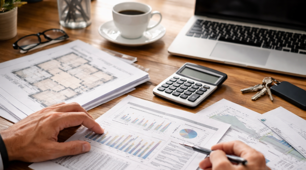 real estate investor financial analysis and property evaluation workspace real estate investment documents with calculator and financial charts on desk