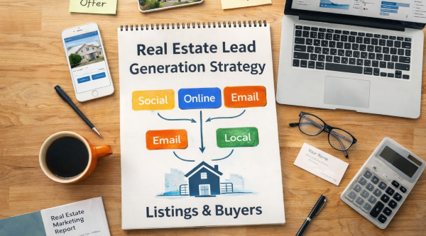 real estate lead generation ideas workspace showing marketing tools and strategy planning